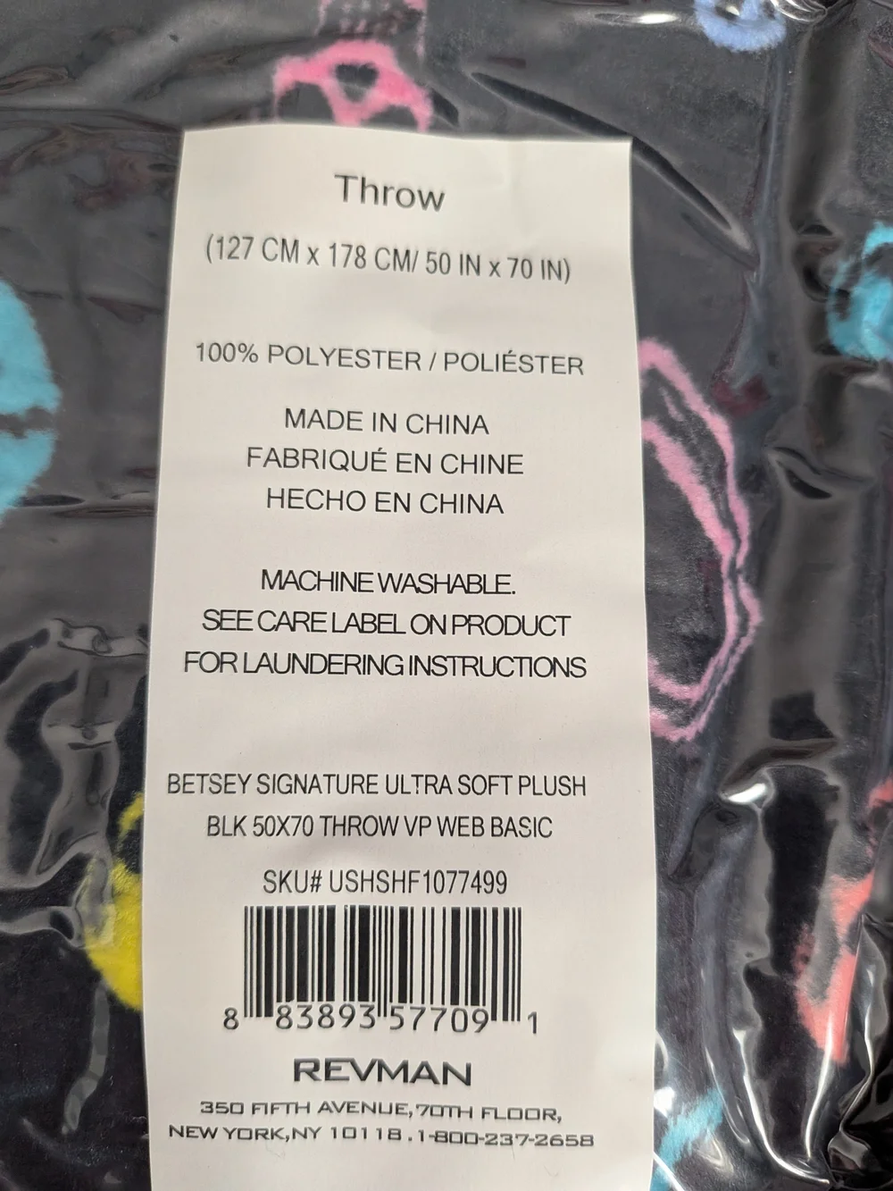 Betsey Johnson Black Plush Blanket with Neon Skulls & Hearts